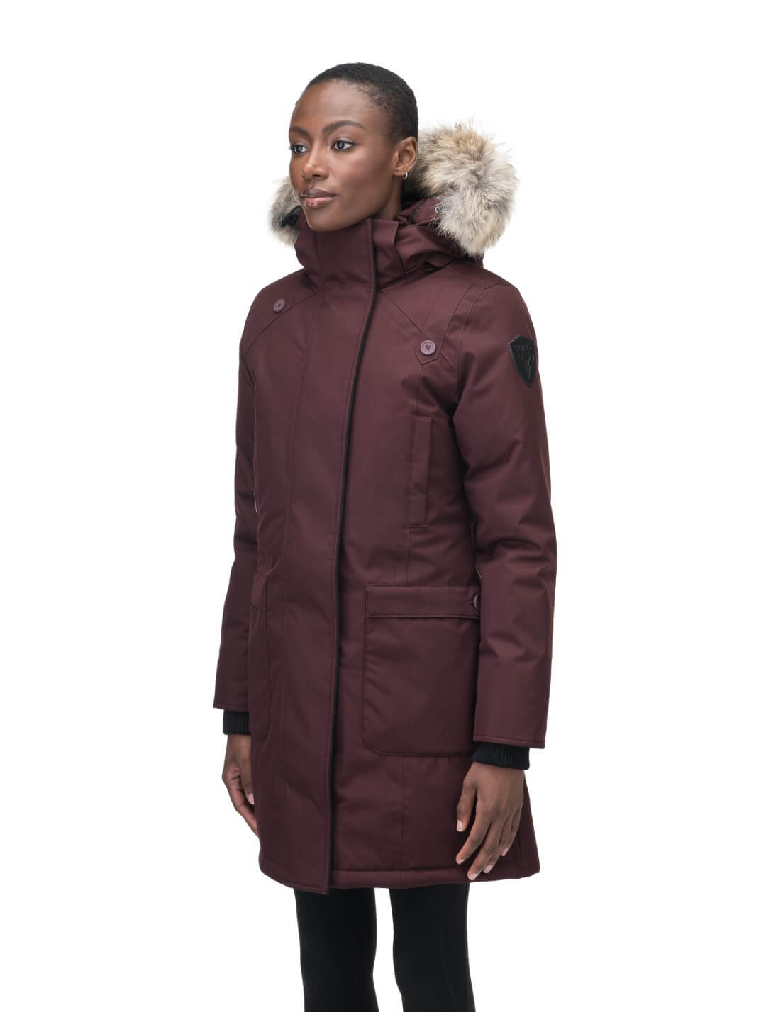 Best selling women's down filled knee length parka with removable down filled hood in Merlot