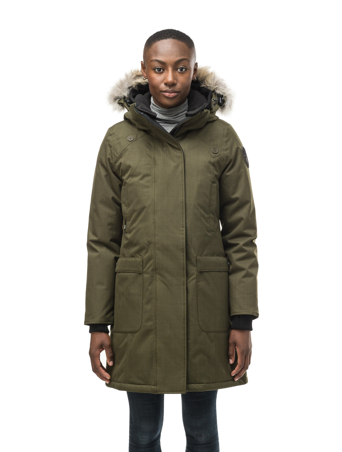 Best selling women's down filled knee length parka with removable down filled hood in Fatigue