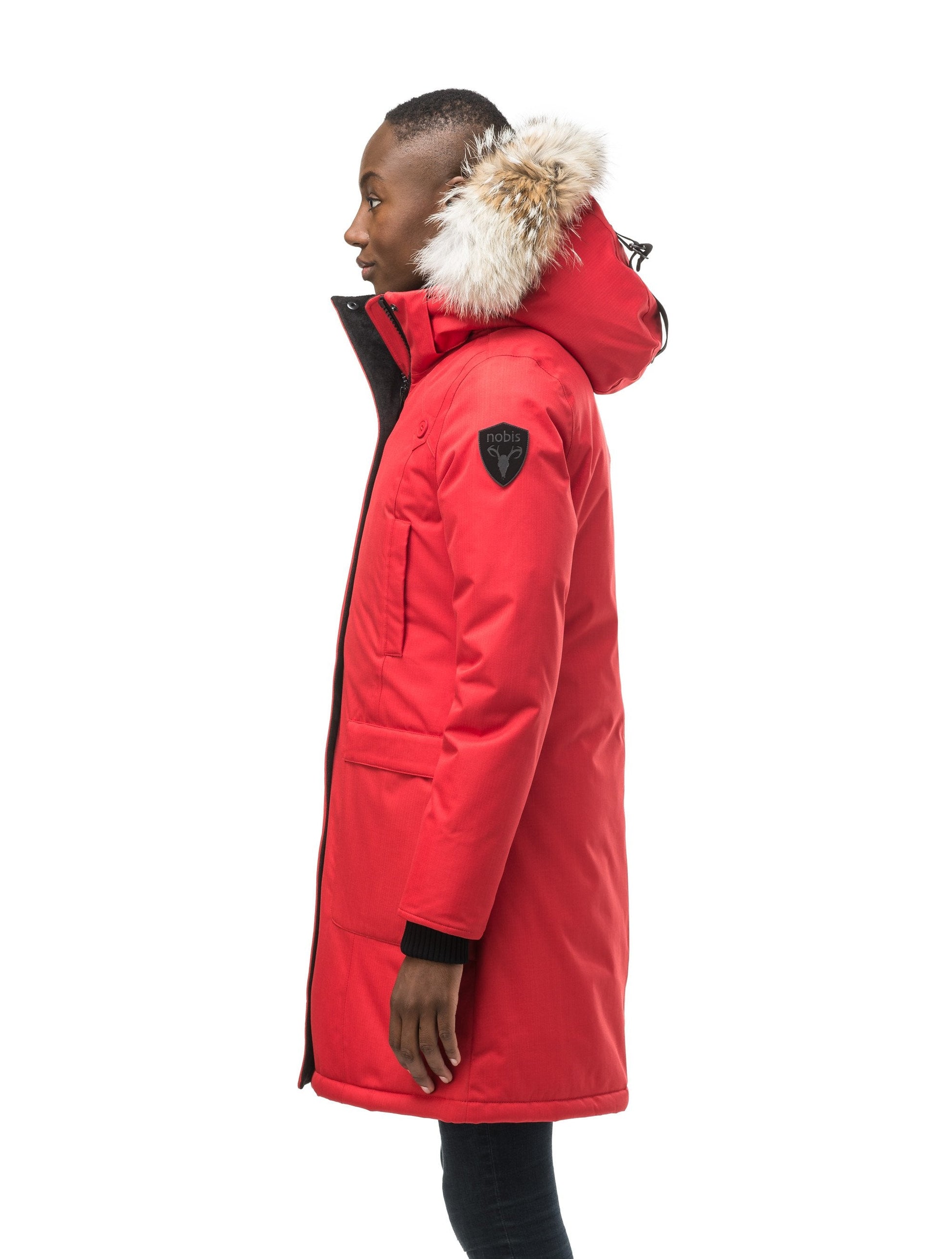 Best selling women's down filled knee length parka with removable down filled hood in CH Red