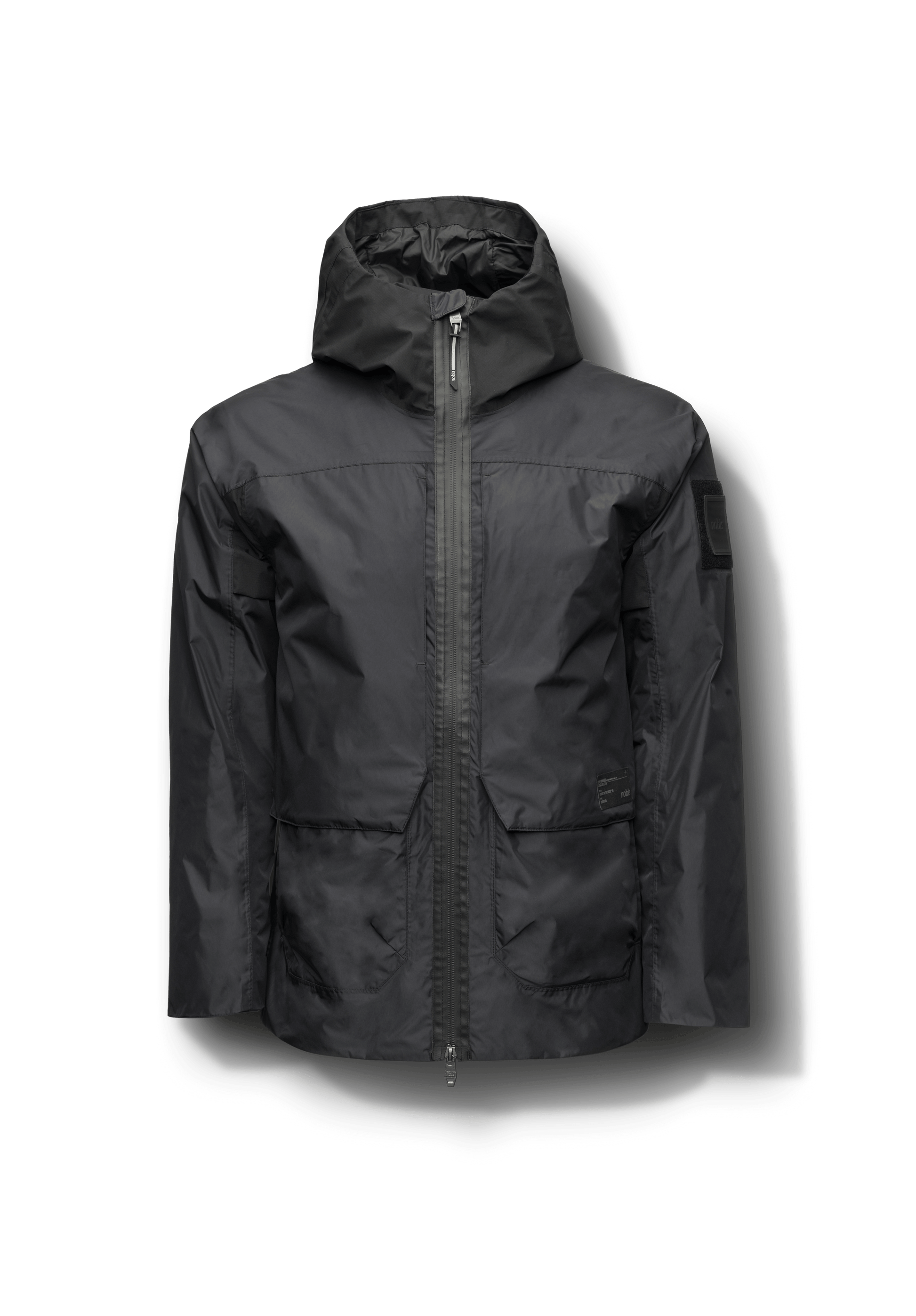 Mission Men's Performance Rain Shell Jacket in hip length, non-removable hood with adjustable toggle, two-way waterproof zipper, flap closure waist pockets with additional side entry storage, zipper ventilation on back, passive underarm ventilation, and breathable mesh lining, in Black