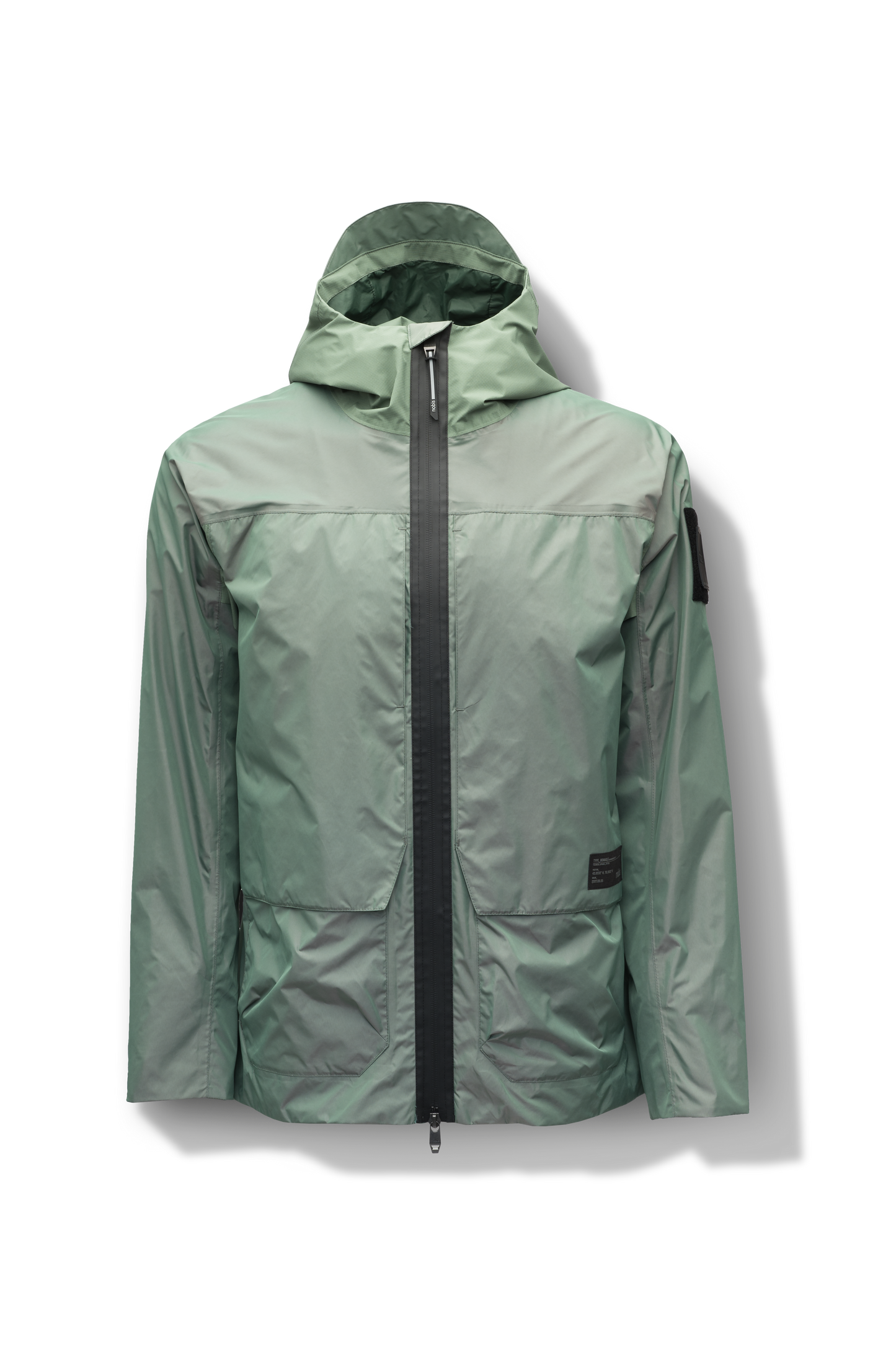 Mission Men's Performance Rain Shell Jacket in hip length, non-removable hood with adjustable toggle, two-way waterproof zipper, flap closure waist pockets with additional side entry storage, zipper ventilation on back, passive underarm ventilation, and breathable mesh lining, in Duck Green