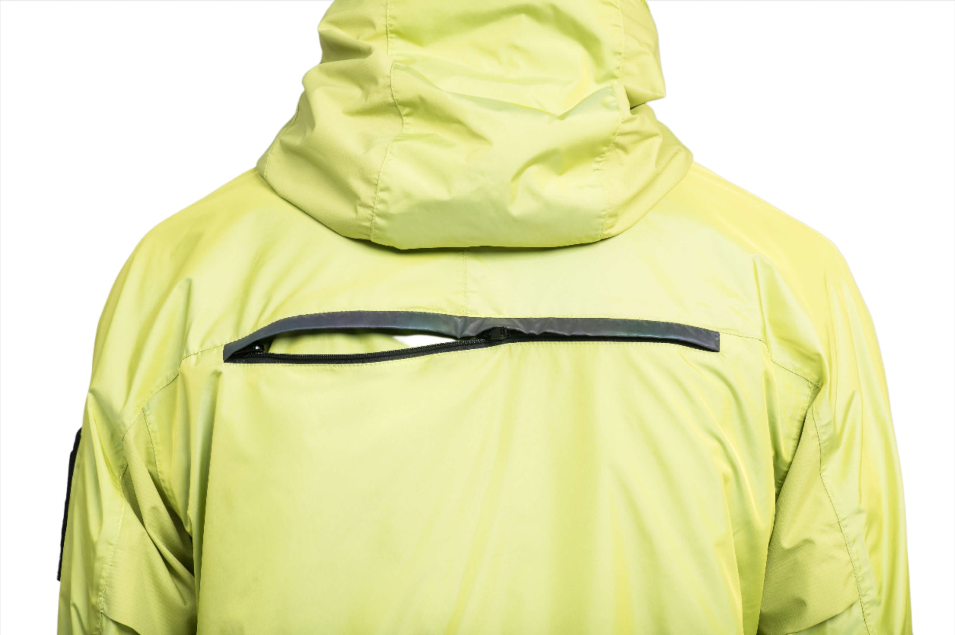 Mission Men's Performance Rain Shell Jacket in hip length, non-removable hood with adjustable toggle, two-way waterproof zipper, flap closure waist pockets with additional side entry storage, zipper ventilation on back, passive underarm ventilation, and breathable mesh lining, in Sulphur Spring