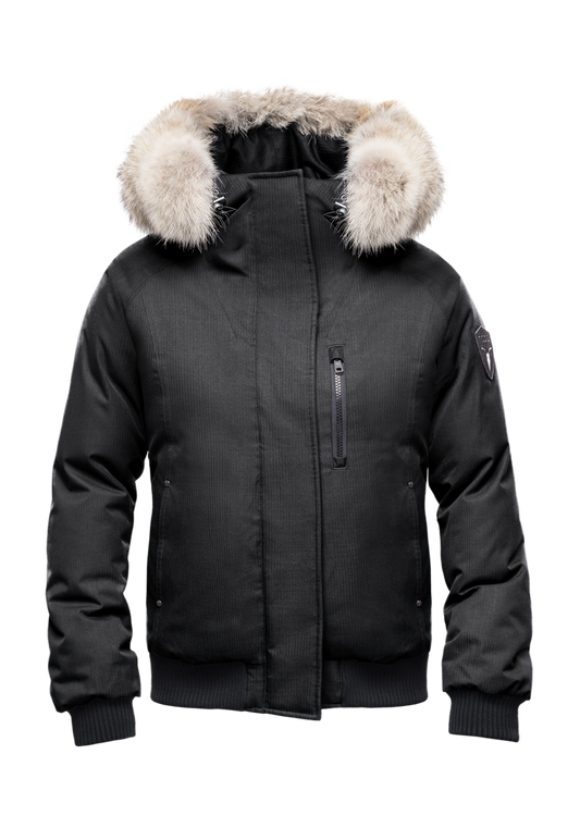 Women's down filled bomber jacket with fur trim hood in CH Black + Black