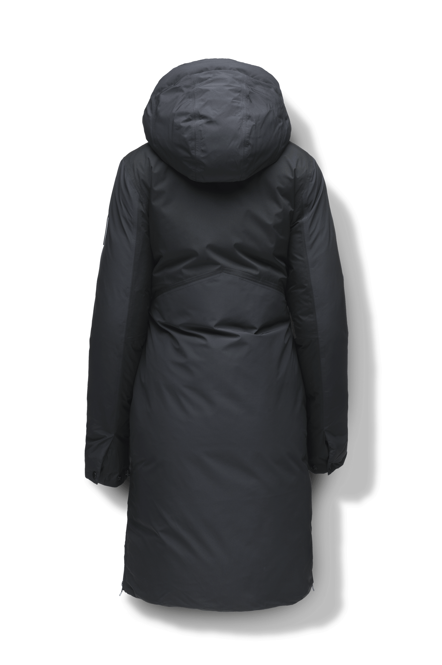 Inara Women's Performance Parka in knee length, premium 3-ply micro denier and stretch ripstop fabrication with DWR coating, Premium Canadian White Duck Down insulation, non-removable down-filled hood, centre front two-way zipper, large vertical zipper pockets along waist, zipper vents along bottom side hem, in Black