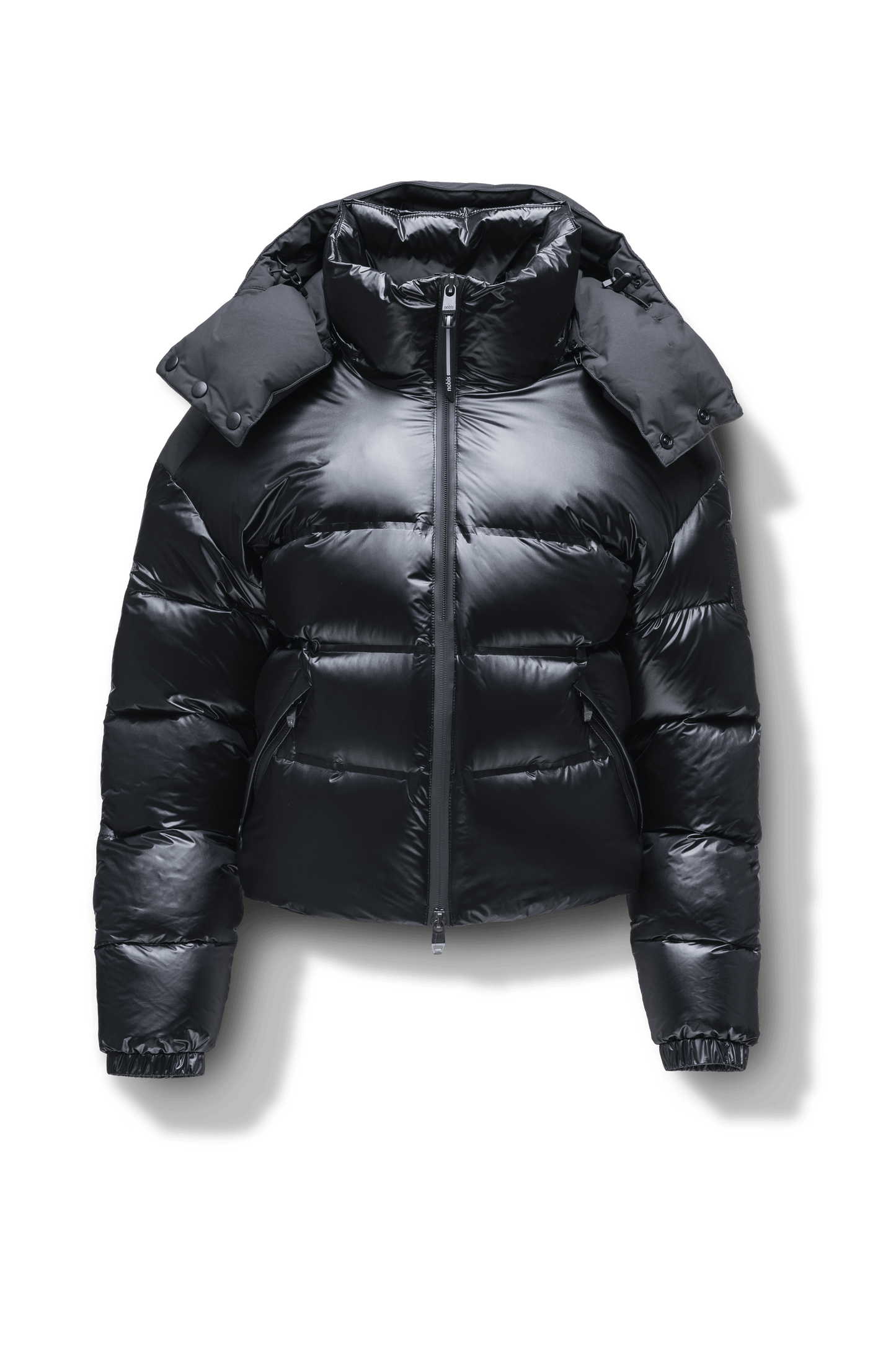 Tempus Women's Performance Short Puffer Jacket in waist length, premium technical nylon taffeta fabrication, Premium Canadian origin White Duck Down insulation, removable down-filled hood, two-way centre-front zipper, fleece-lined zipper pockets at waist, pit zipper vents, in Black