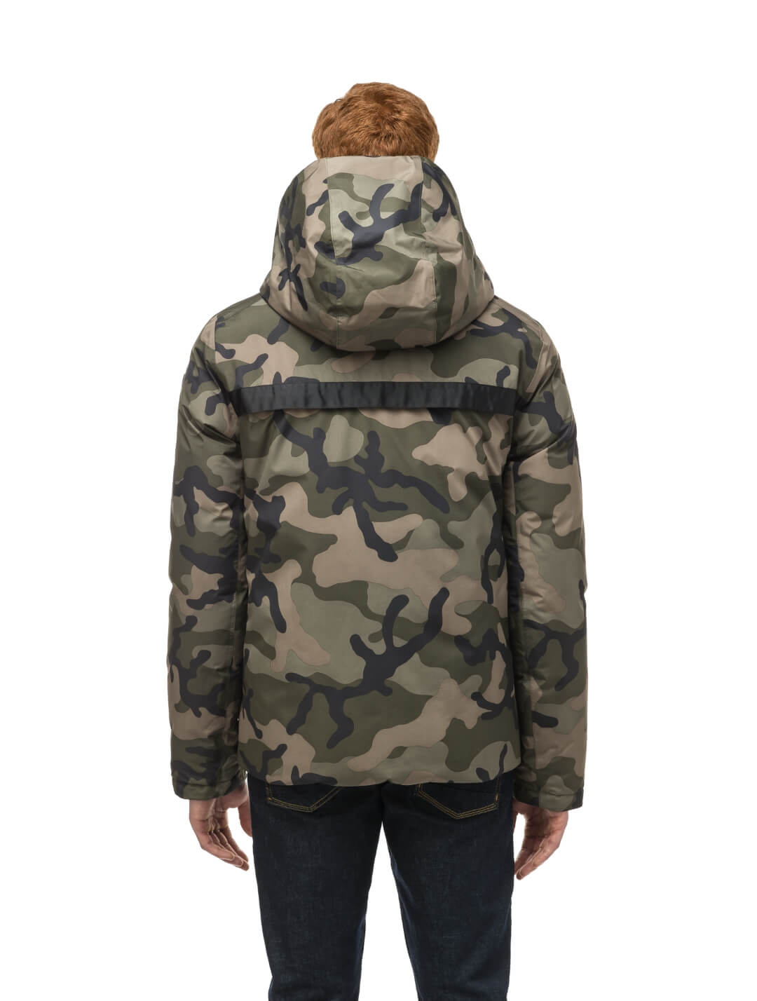 Hip length, reversible men's down filled jacket with removable hood in Camo