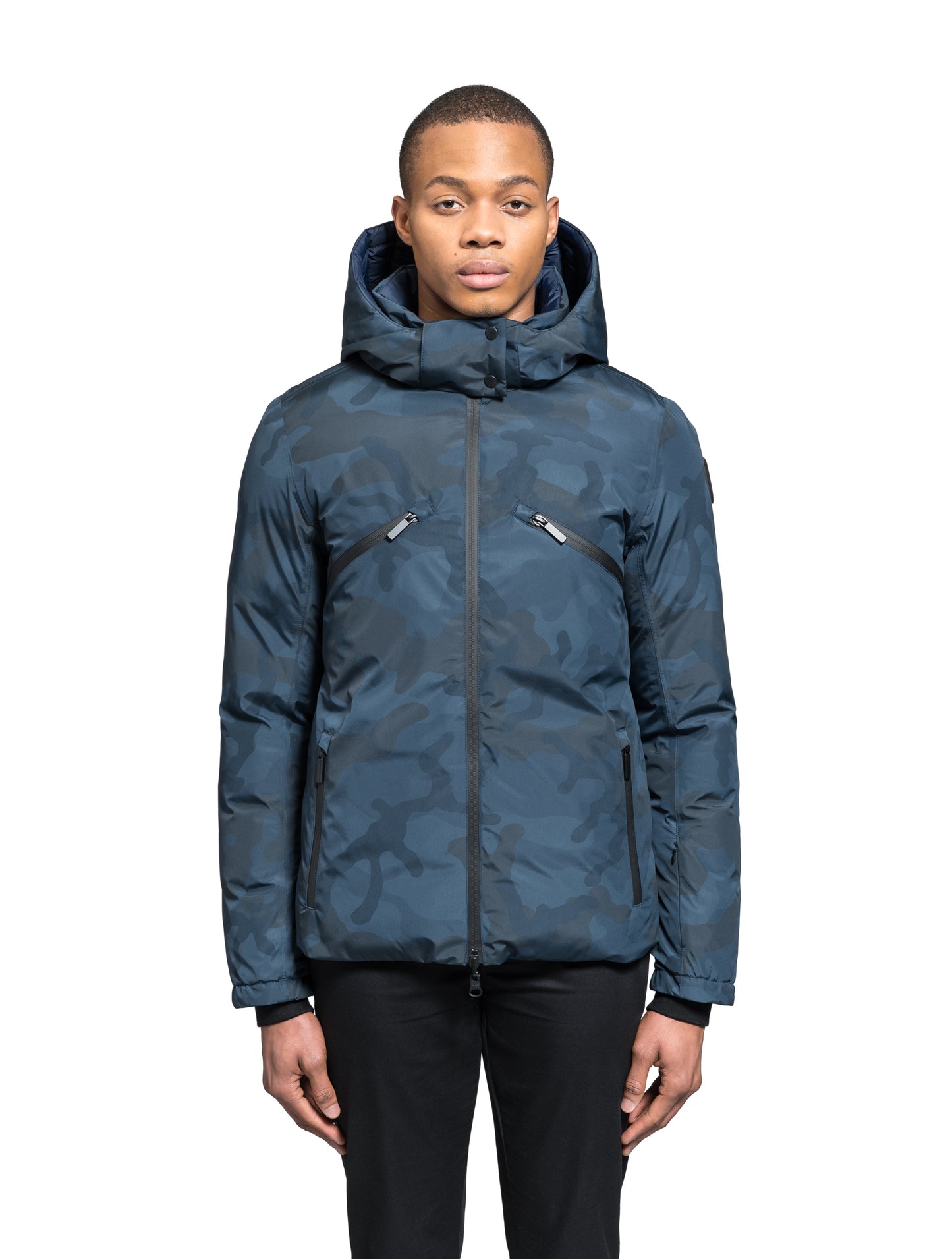 Hip length, reversible men's down filled jacket with removable hood in Navy Camo