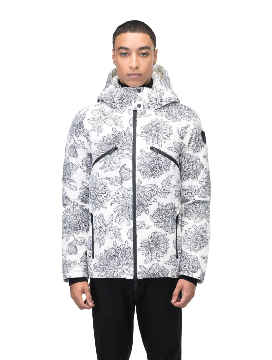 Hip length, reversible men's down filled jacket with removable hood in White Floral Print