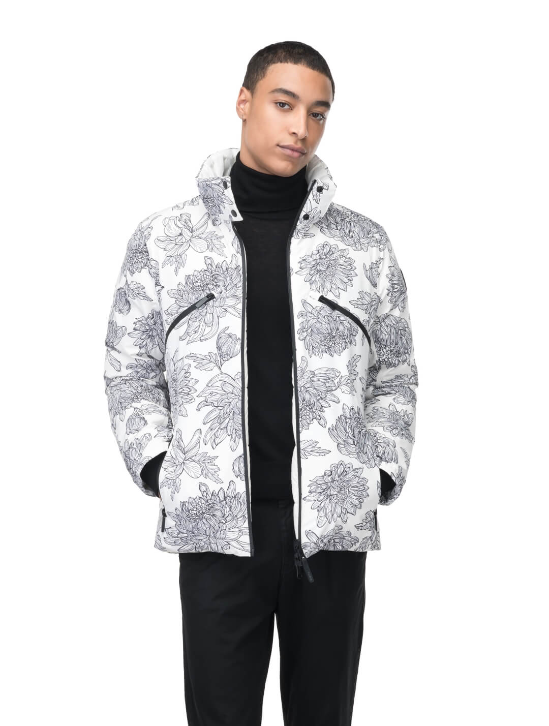 Hip length, reversible men's down filled jacket with removable hood in White Floral Print