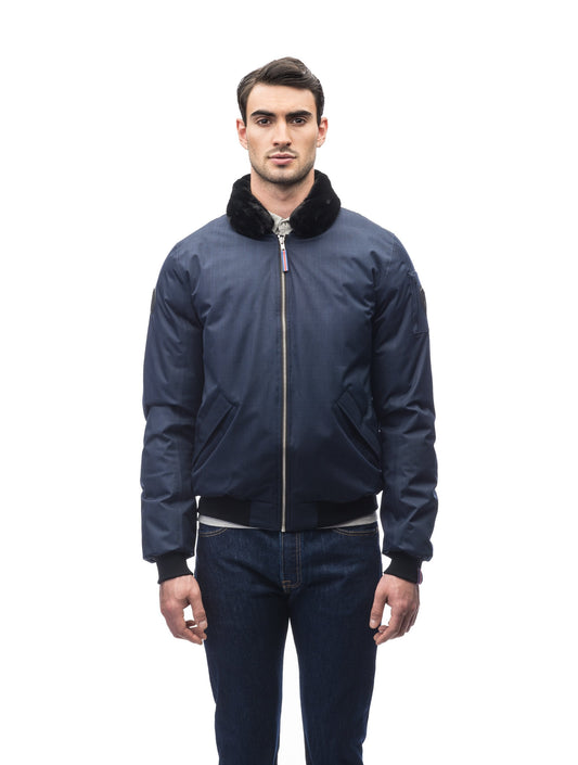 Men's down fileld waist length bomber jacket with shirt style rabbit fur collar in Navy + Navy