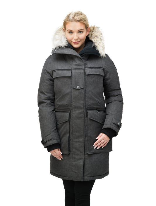Women's extreme parka with our highest down filling and a removable down filled hood in H. Charcoal + H. Charcoal