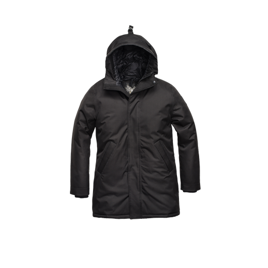 Pierre Men's Jacket in thigh length, Canadian white duck down insulation, non-removable down-filled hood, angled waist pockets, centre-front zipper with wind flap, and elastic ribbed cuffs, in CH Black + CH Black