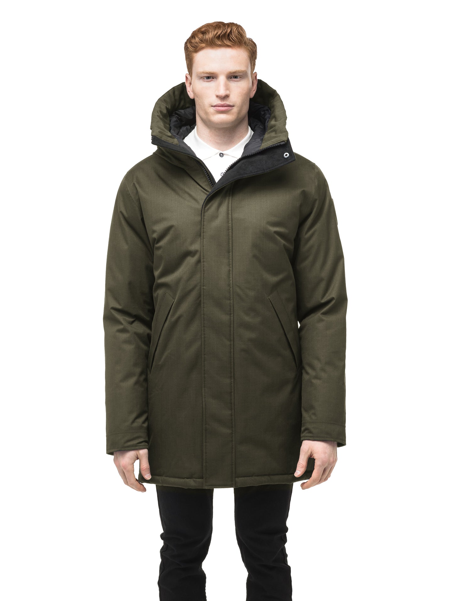 Pierre Men's Jacket in thigh length, Canadian white duck down insulation, non-removable down-filled hood, angled waist pockets, centre-front zipper with wind flap, and elastic ribbed cuffs, in CH Fatigue