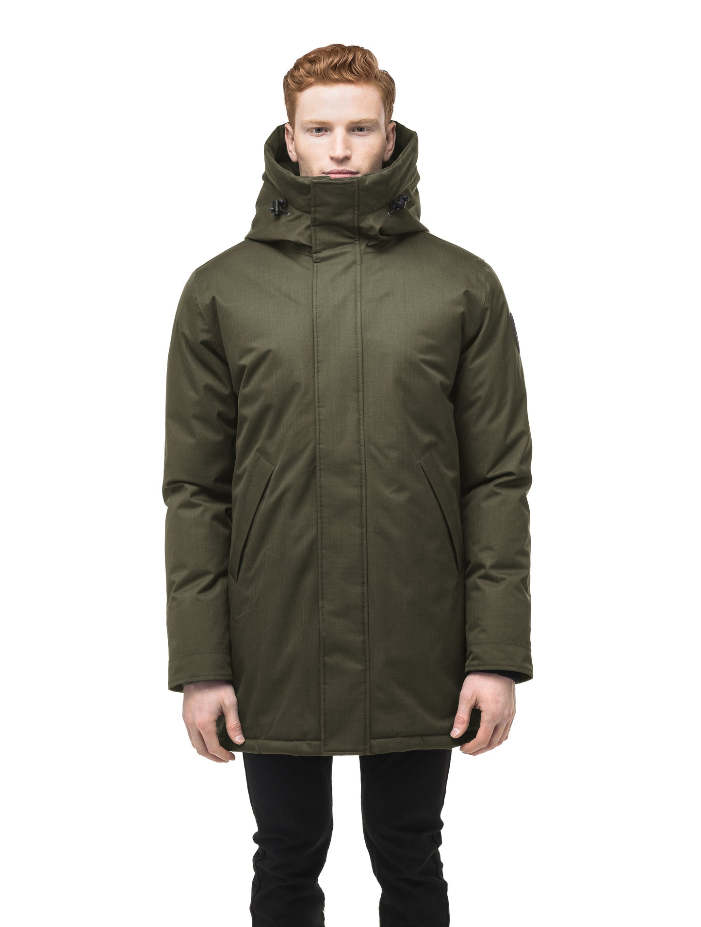 Pierre Men's Jacket in thigh length, Canadian white duck down insulation, non-removable down-filled hood, angled waist pockets, centre-front zipper with wind flap, and elastic ribbed cuffs, in CH Fatigue