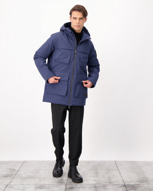Ronin Men's Performance Utility Jacket in thigh length, premium 3-ply micro denier and stretch ripstop fabrication, Premium Canadian origin White Duck Down insulation, non-removable down-filled hood, bellow chest pockets, magnetic closure waist flap pockets, two-way centre-front zipper, pit zipper vents, hidden adjustable waist drawcord, in Marine