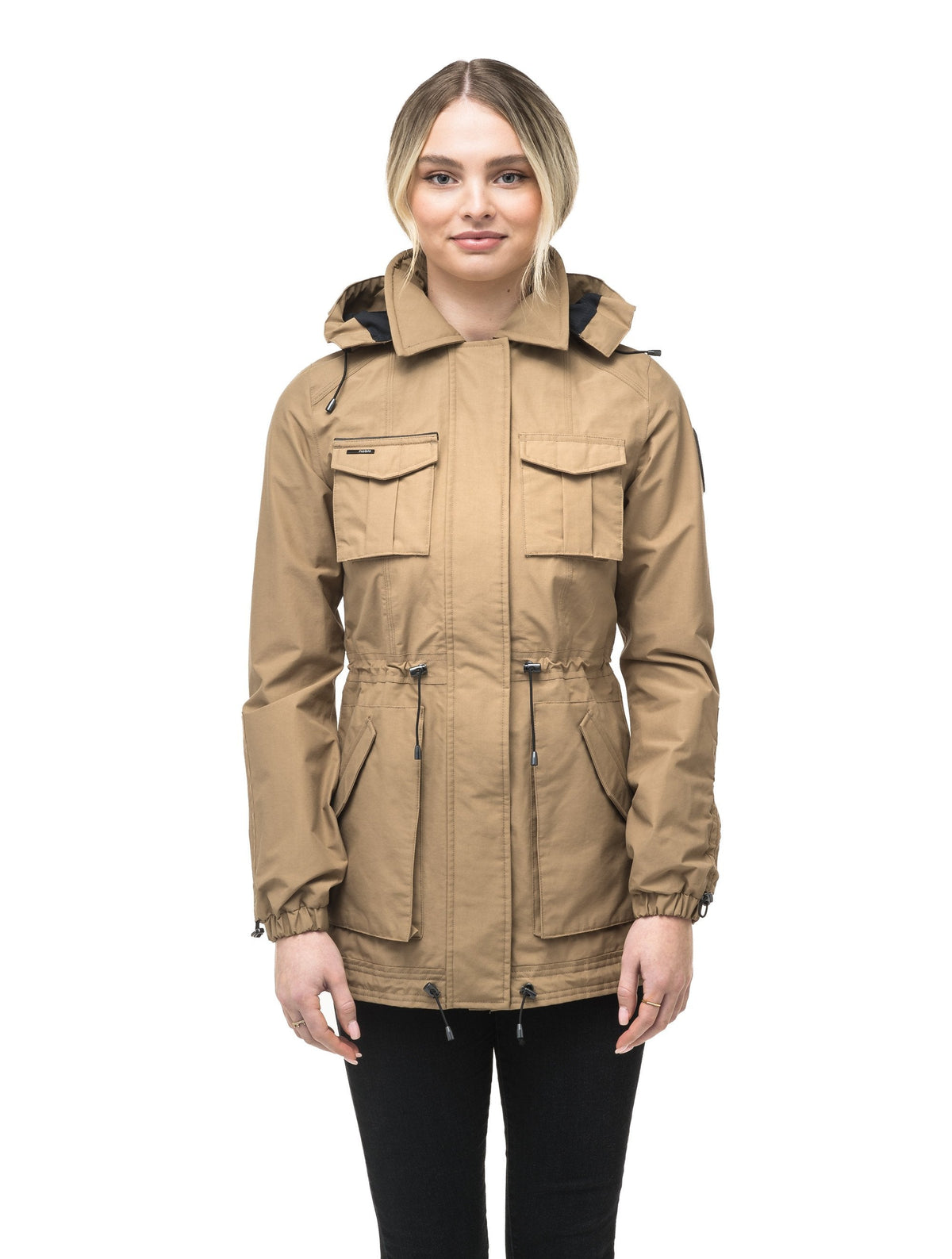Women's hooded shirt jacket with four front pockets and adjustable waist in Tan