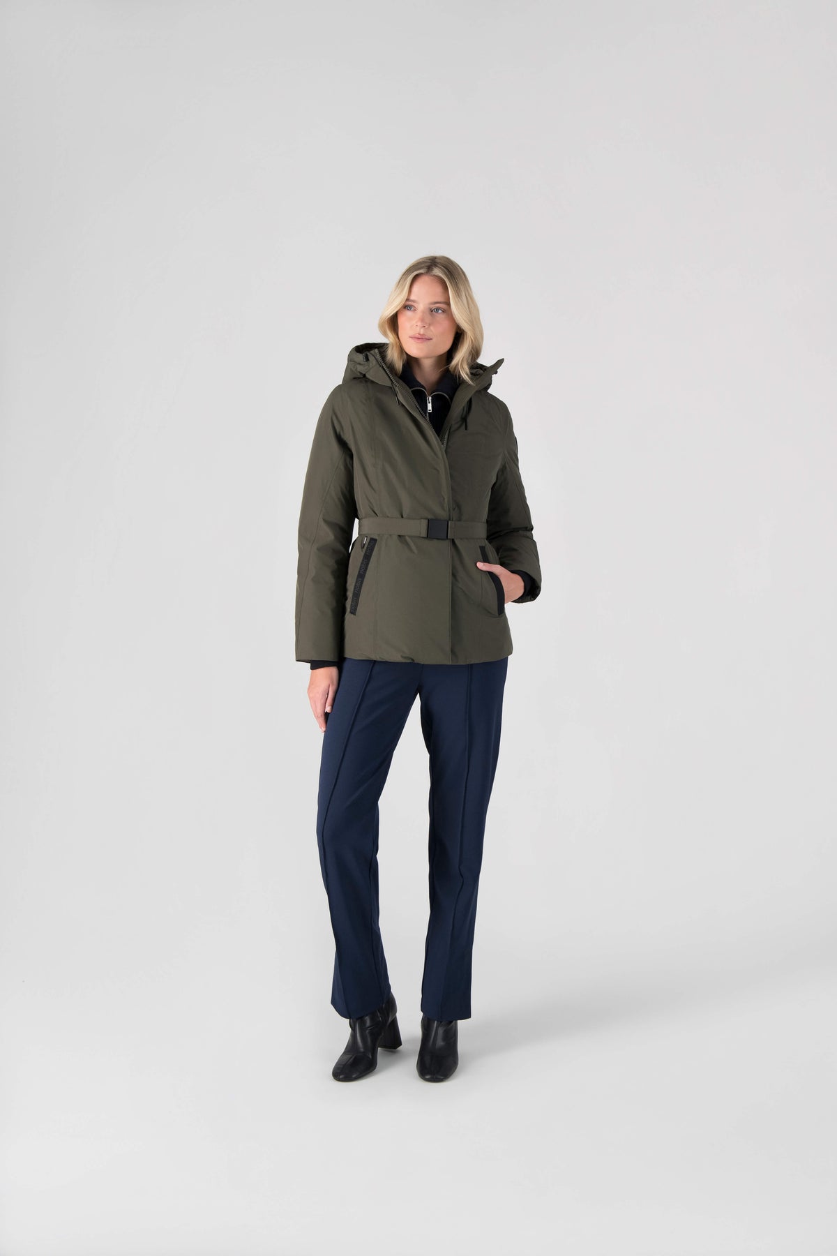 Ladies hip length down-filled parka with non-removable hood and adjustable belt in Fatigue