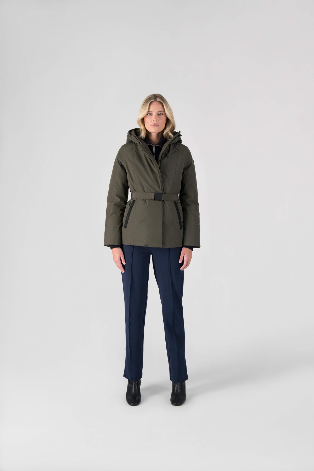 Ladies hip length down-filled parka with non-removable hood and adjustable belt in Fatigue