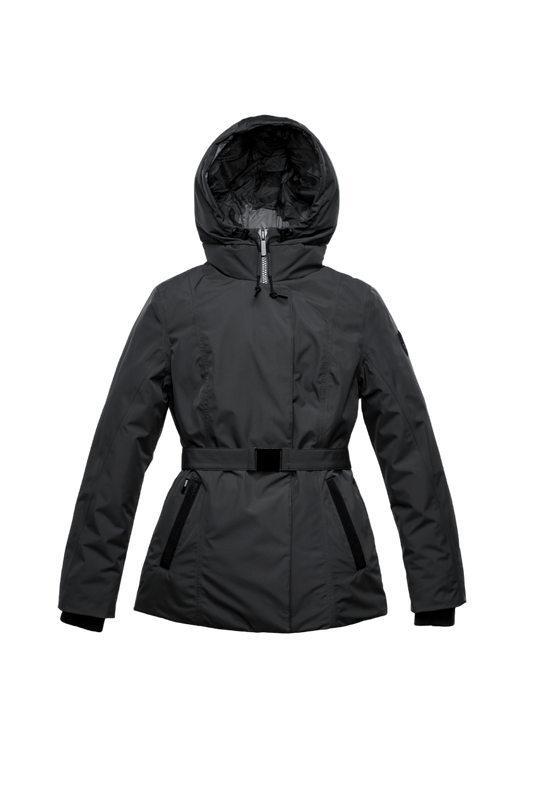Ladies hip length down-filled parka with non-removable hood and adjustable belt in Black + Black