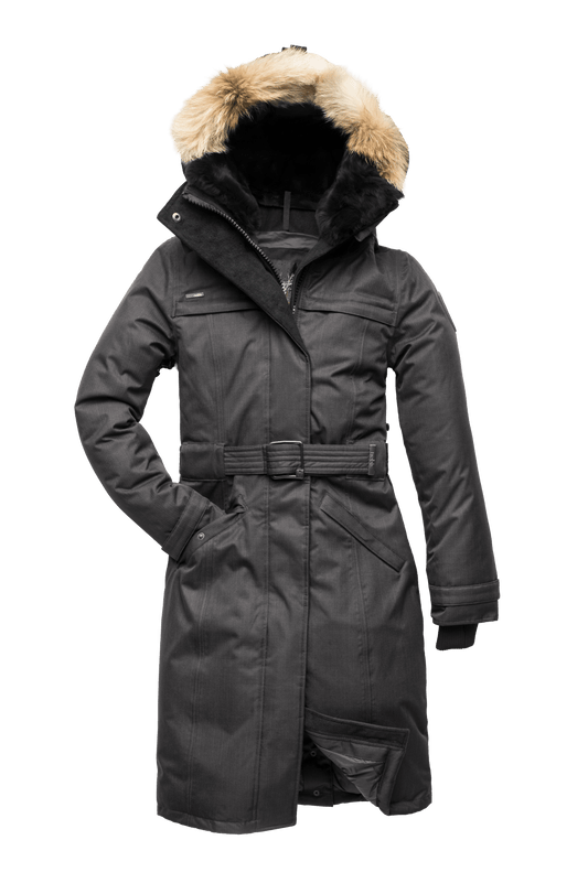 She-Ra women's parka featuring a seam-sealed, waterproof, breathable shell, removable fur trim, magnetic closures, and an adjustable belted waist in Steel Grey + Steel Grey