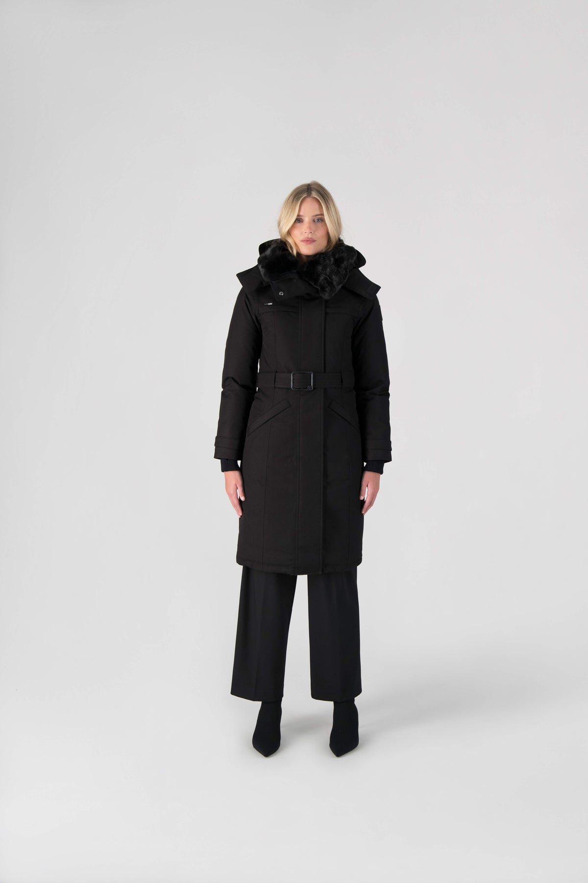 She-Ra women's parka featuring a seam-sealed, waterproof, breathable shell, removable fur trim, magnetic closures, and an adjustable belted waist in Black