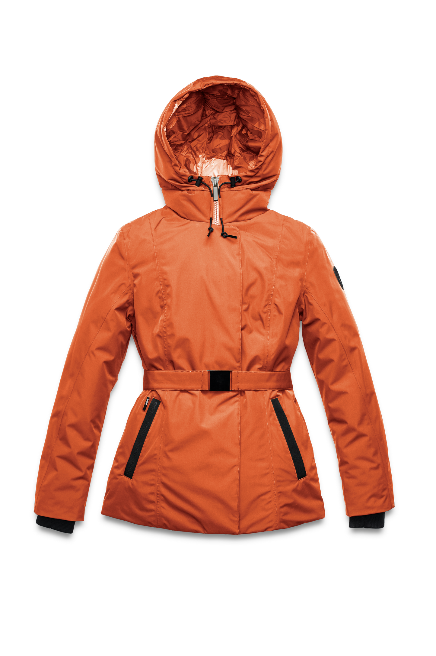 Ladies hip length down-filled parka with non-removable hood and adjustable belt in Atomic