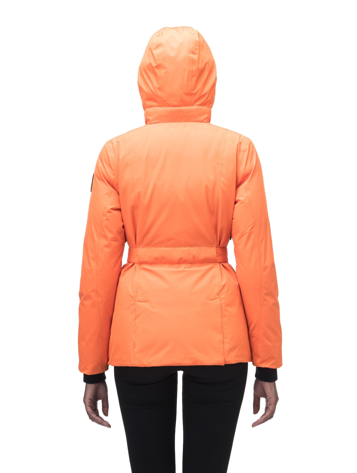 Ladies hip length down-filled parka with non-removable hood and adjustable belt in Atomic