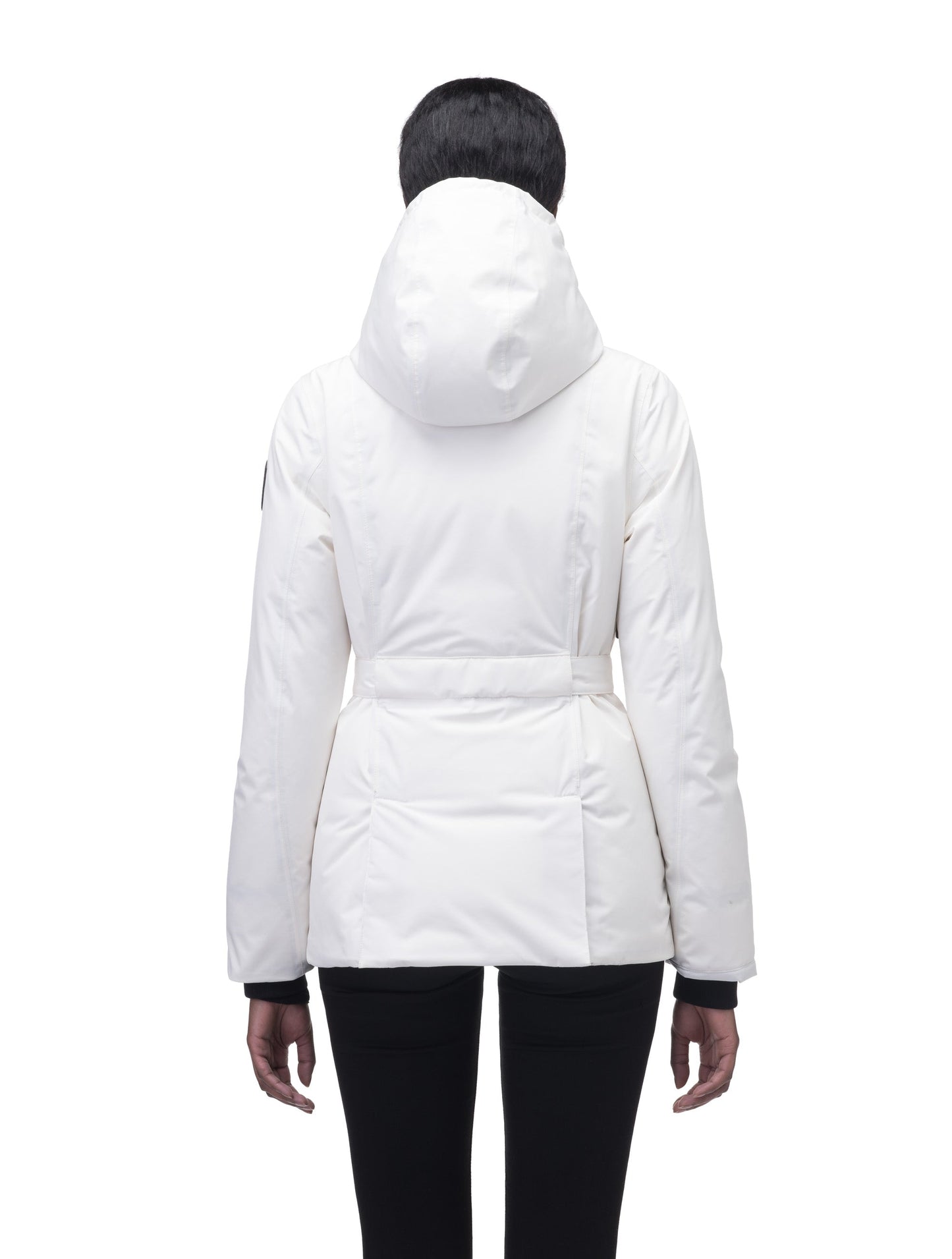 Ladies hip length down-filled parka with non-removable hood and adjustable belt in Chalk