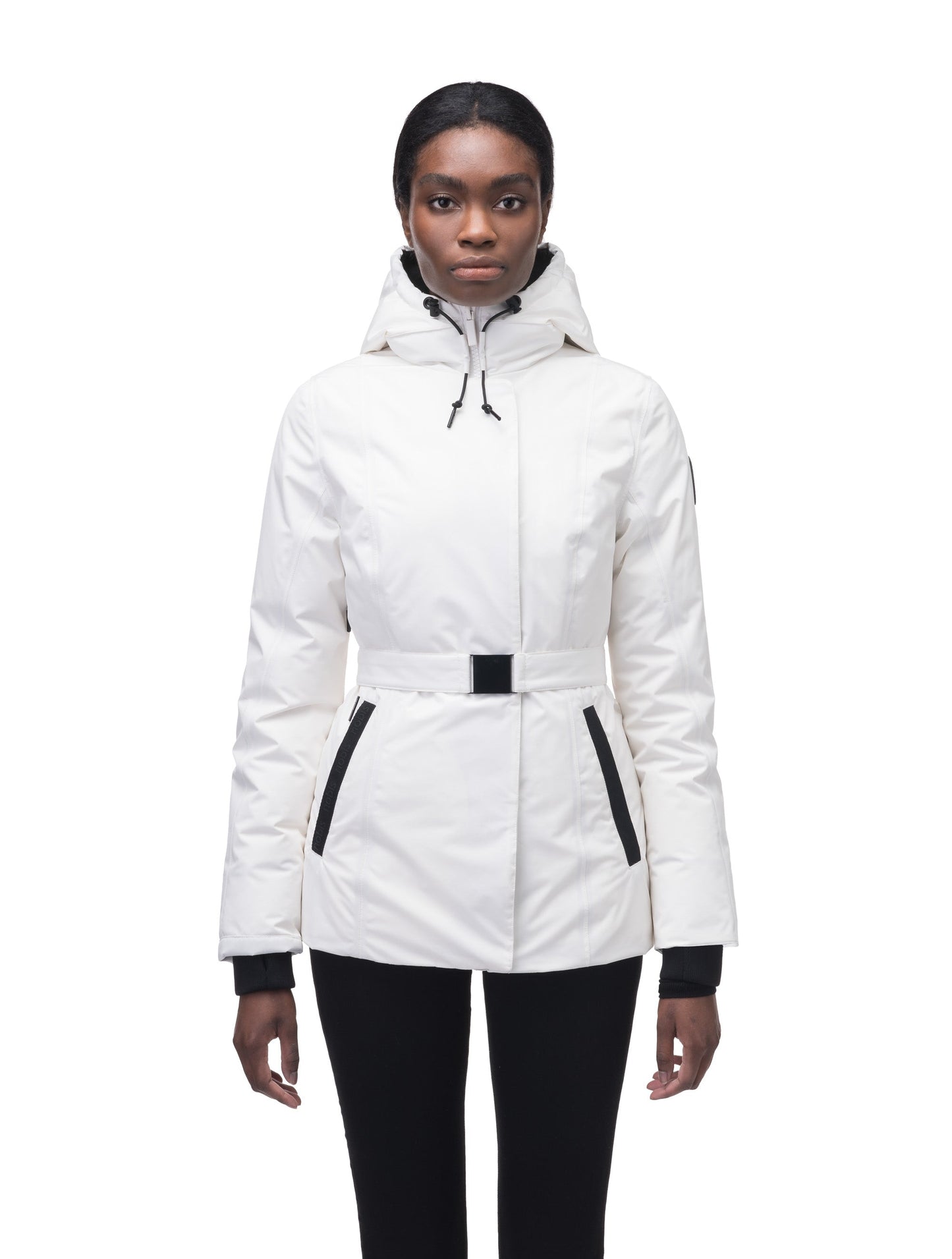 Ladies hip length down-filled parka with non-removable hood and adjustable belt in Chalk