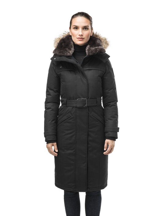 Women's knee length down filled parka with a belted waist and fully removable Coyote and Rex Rabbit fur ruffs in CH Black + CH Black