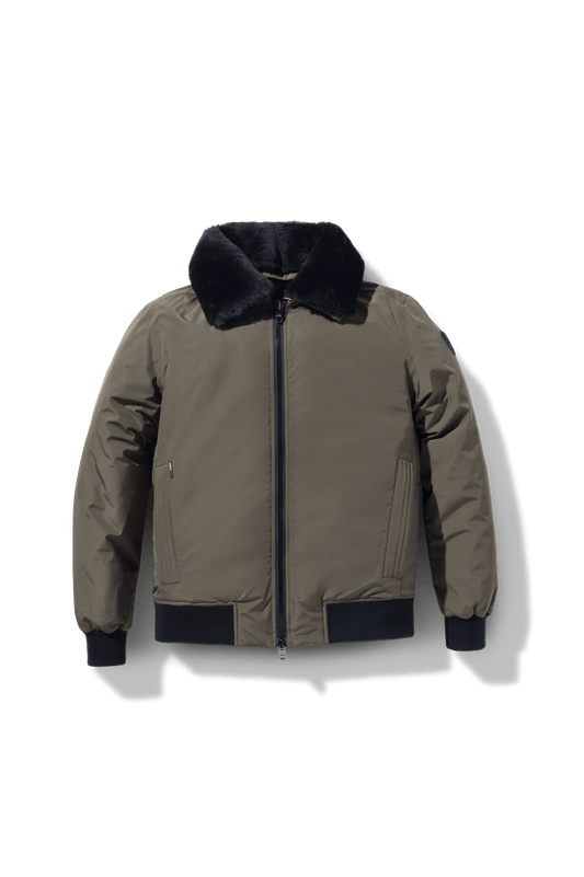 Sonar Men's Aviator Jacket in hip length, Canadian duck down insulation, removable shearling collar with hidden tuckable hood, and two-way front zipper, in Fatigue + Fatigue