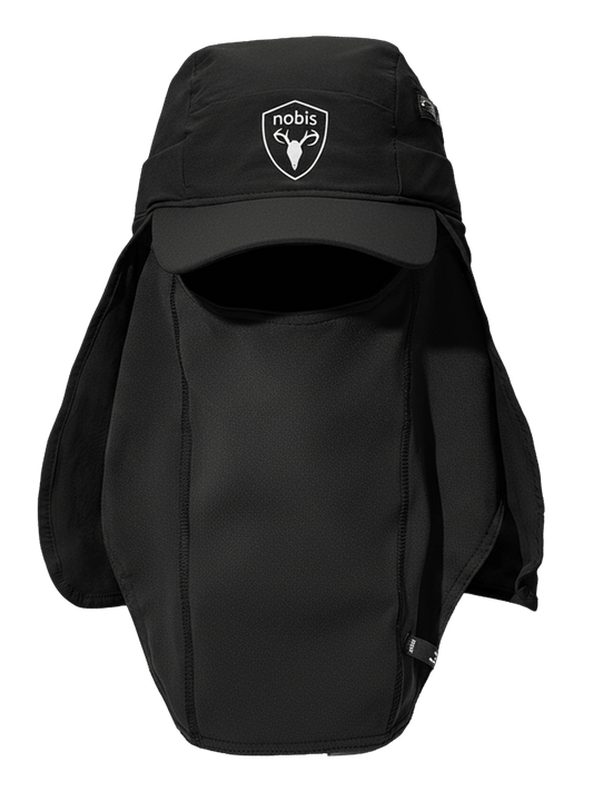 Tal Unisex 3-in-1 cap in 5-panel construction, curved peak brim, back flap, adjustable cobra buckle at back, zipper pocket on left side crown, and detachable face covering, in Black + Black