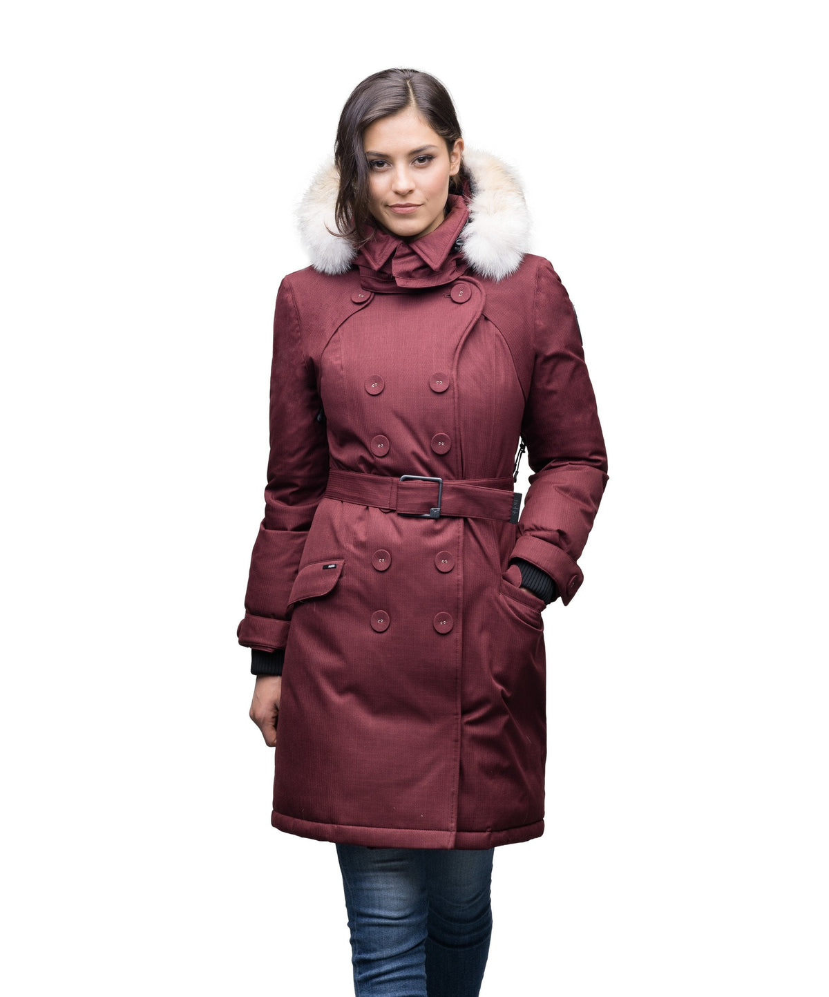 Women's down filled double breasted peacoat with a belted waist in Red Rum