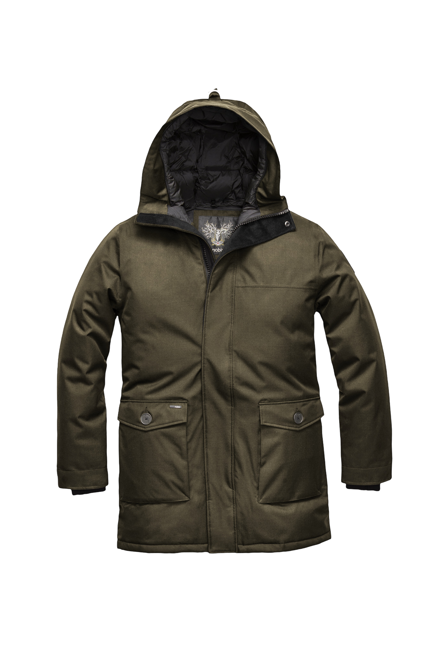 Yves Furless Men's Parka in thigh length, Canadian white duck down insulation, non-removable down-filled hood, flap pockets at waist, centre-front two-way zipper with magnetic wind flap, and elastic ribbed cuffs, in CH Fatigue