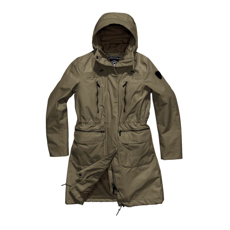 Women's knee length anorak with four front pockets and adjustable cord waist in Fatigue