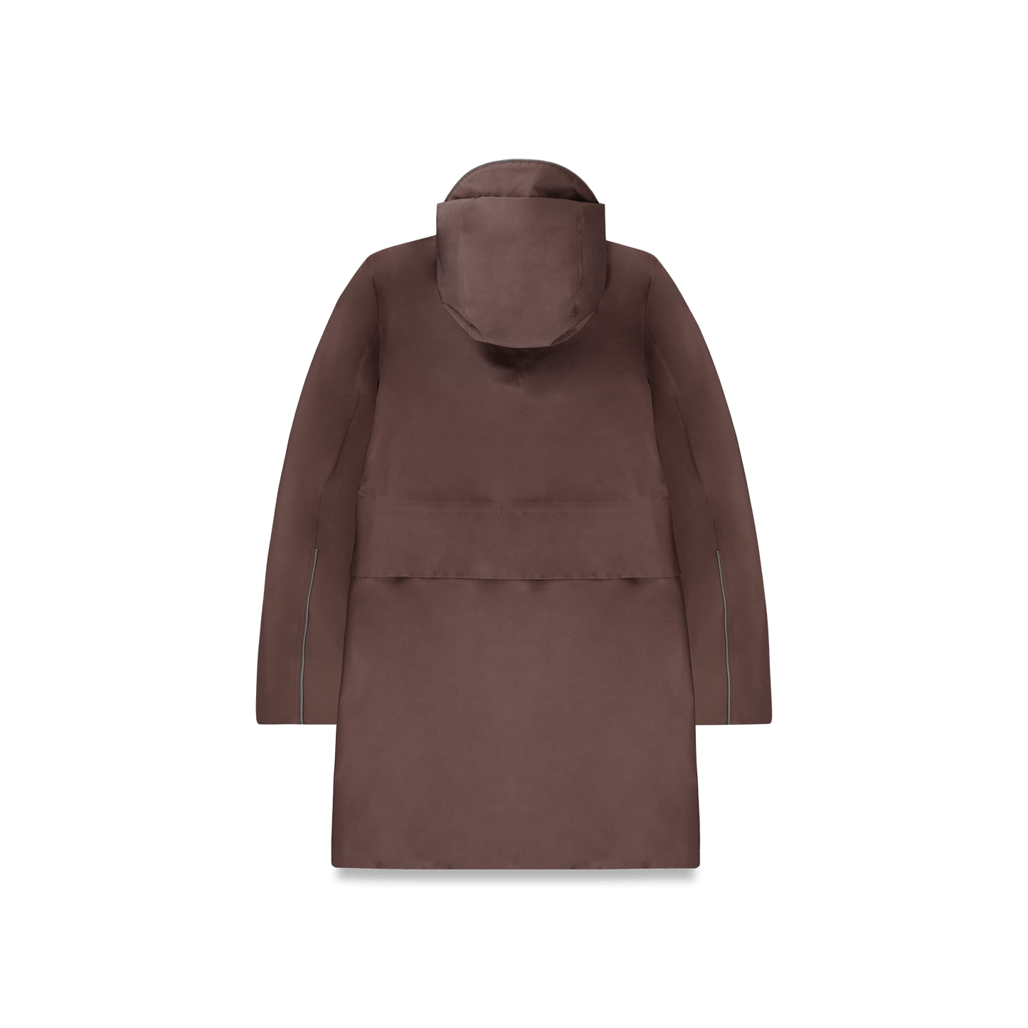 Upton long jacket in Coffee Bean in 3-ply Micro Denier fabric with DWR coating, featuring a two-way zipper with magnetic closure, hidden mesh ventilation, and underarm vents. Designed for weather protection and tailored comfort.