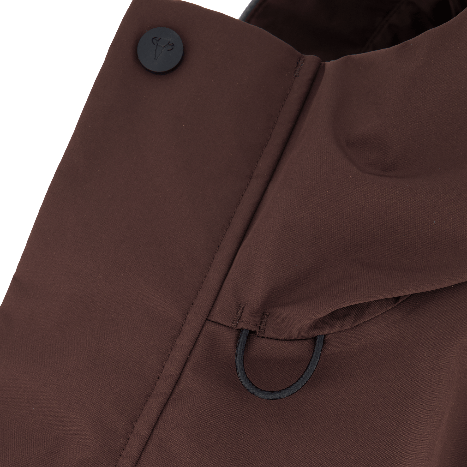 Upton long jacket in Coffee Bean in 3-ply Micro Denier fabric with DWR coating, featuring a two-way zipper with magnetic closure, hidden mesh ventilation, and underarm vents. Designed for weather protection and tailored comfort.