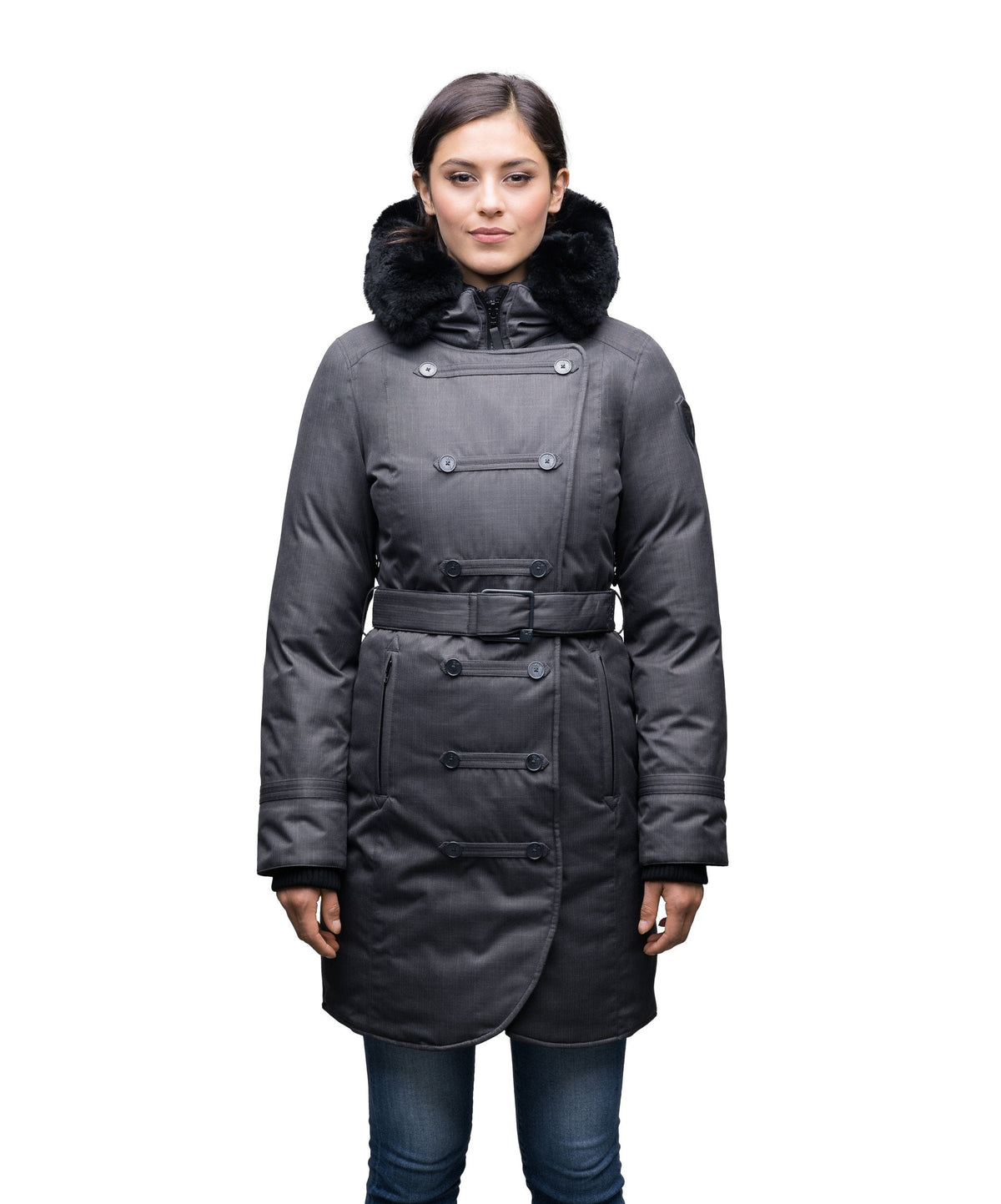 Women's down filled calf length parka with belted waist, and removable Rex Rabbit fur collar in Steel Grey