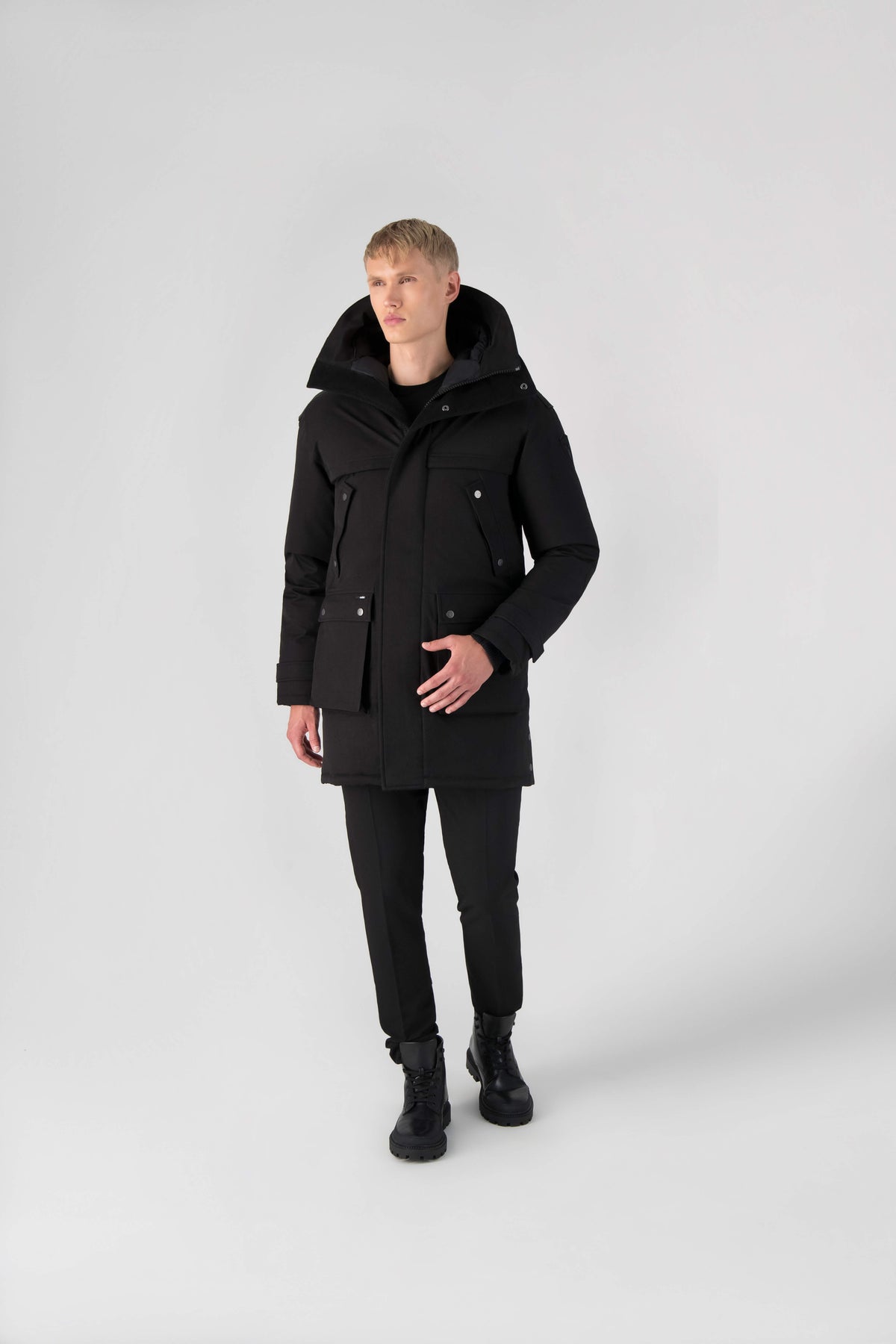 Men's Best Selling Parka the Yatesy is a down filled jacket with a zipper closure and magnetic placket in Black