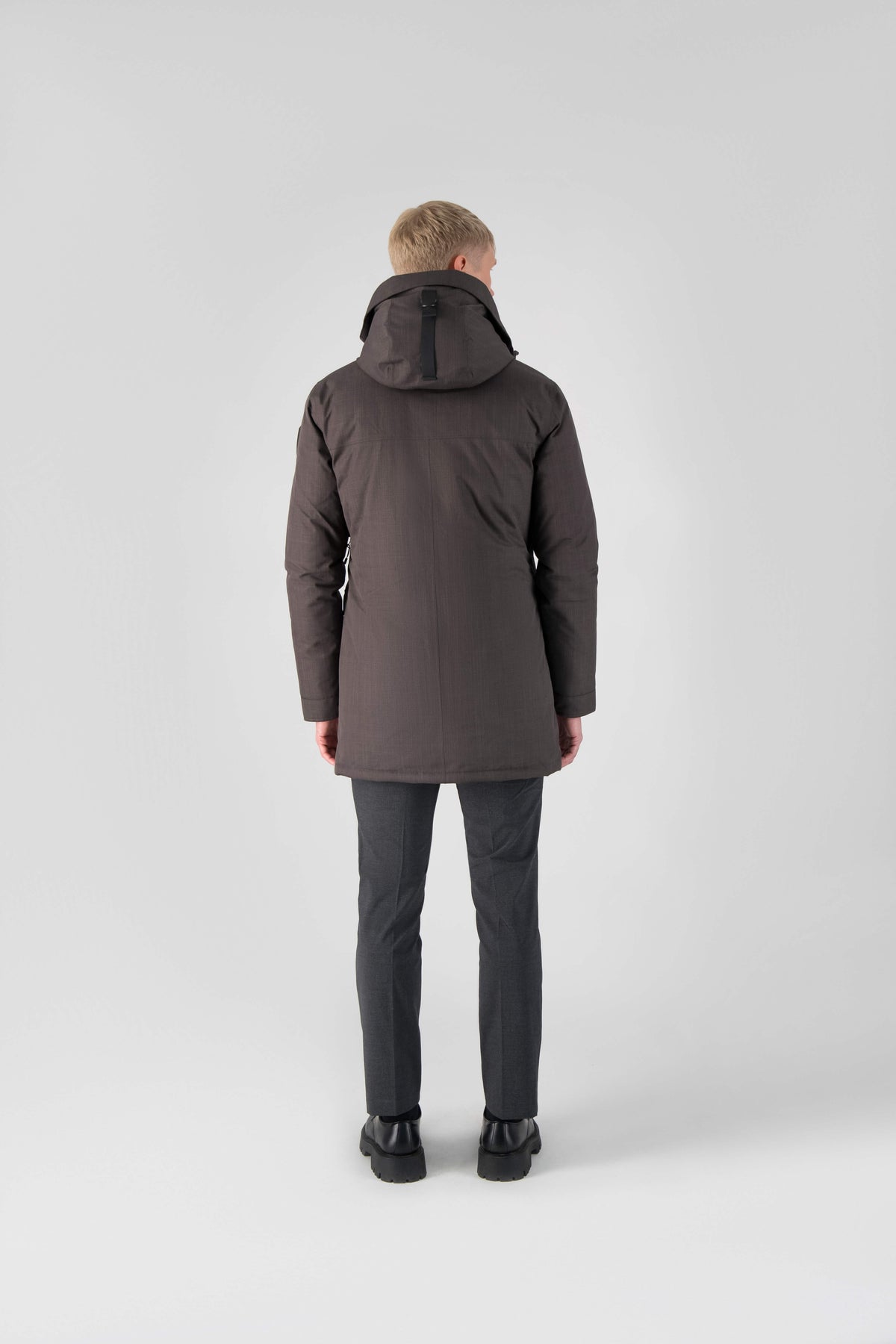 Men's slim fitting waist length parka with removable fur trim on the hood and two waist patch pockets in Steel Grey