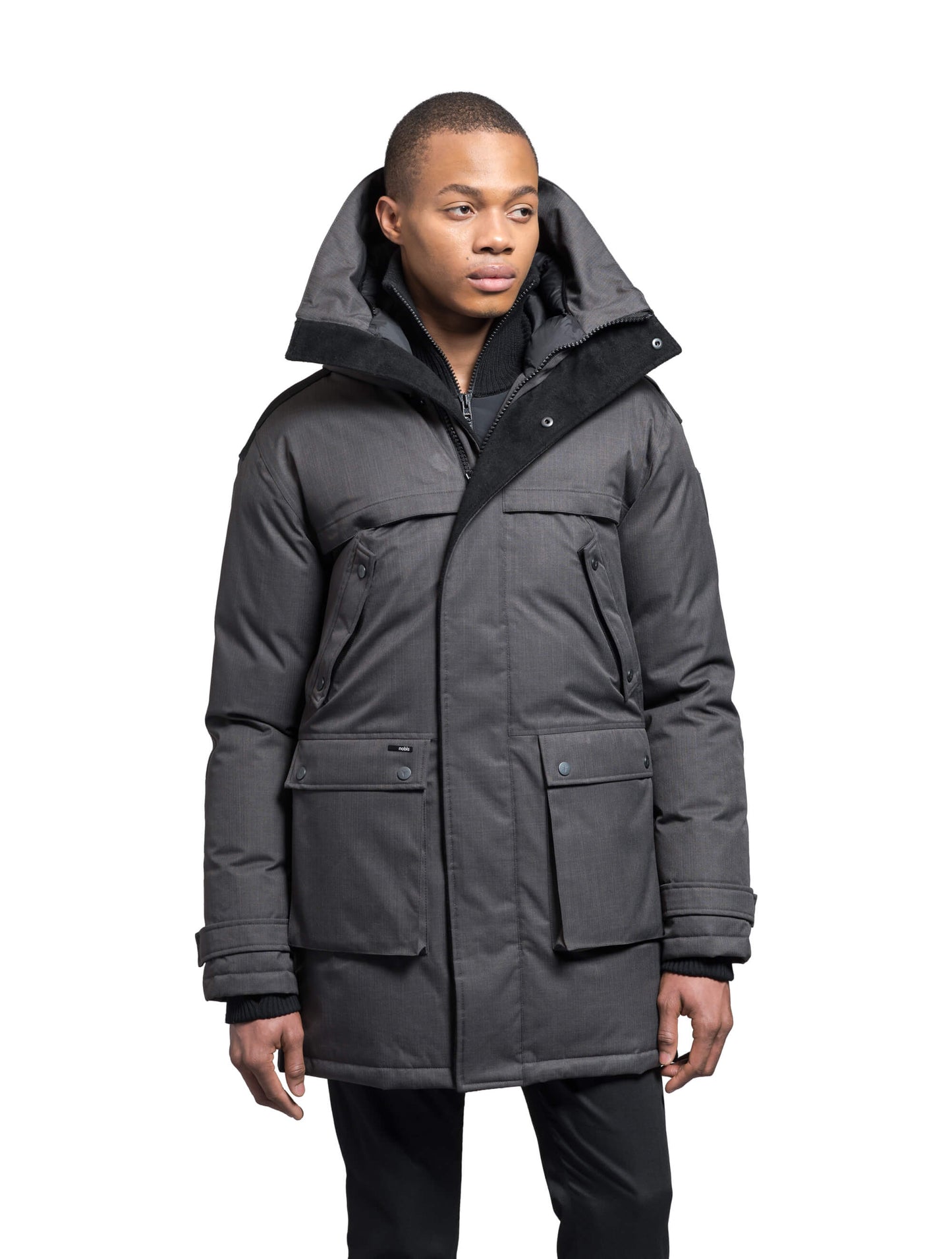 Men's Best Selling Parka the Yatesy is a down filled jacket with a zipper closure and magnetic placket in Steel Grey