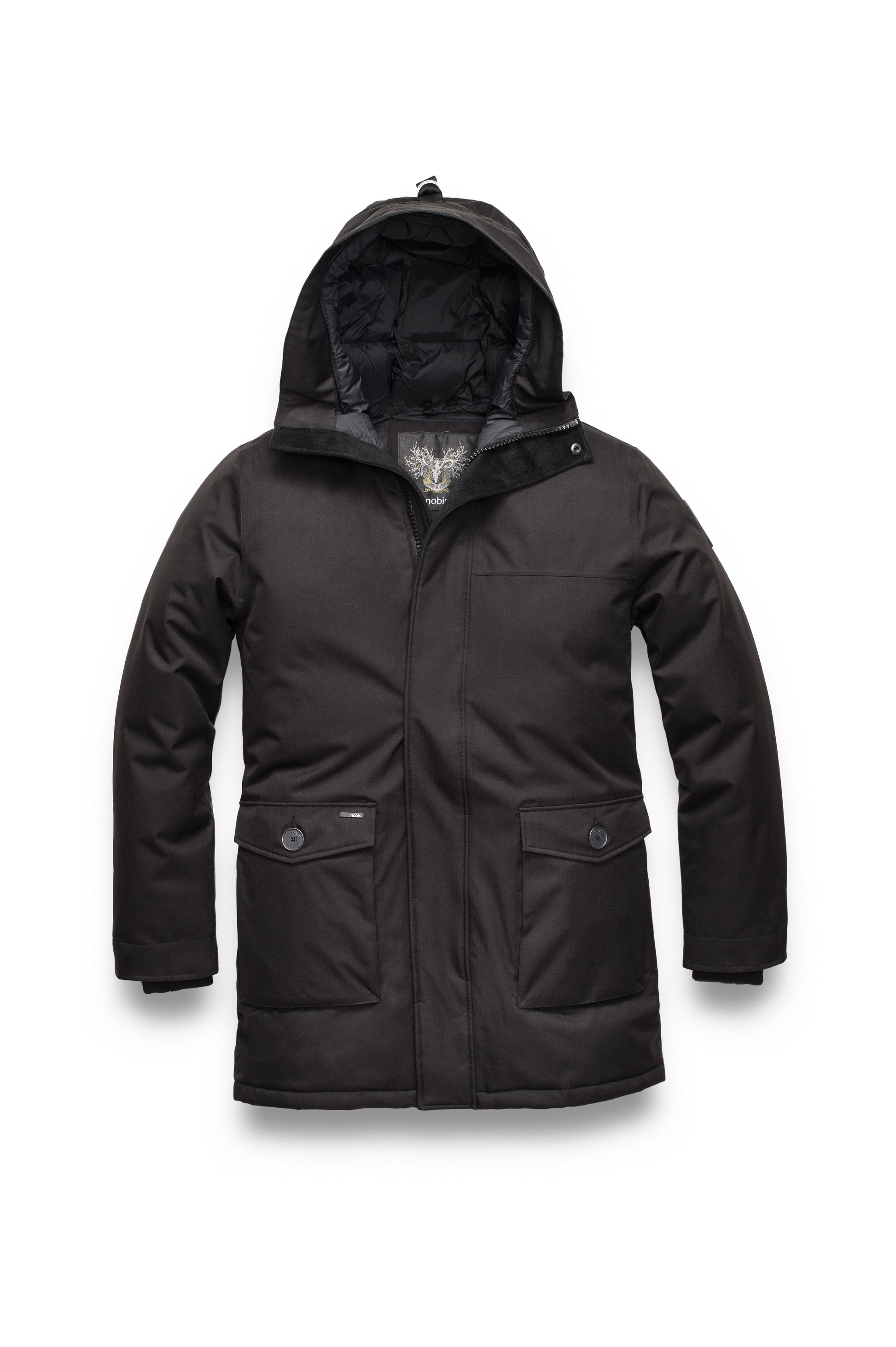 Yves Furless Men's Parka in thigh length, Canadian white duck down insulation, non-removable down-filled hood, flap pockets at waist, centre-front two-way zipper with magnetic wind flap, and elastic ribbed cuffs, in CH Black