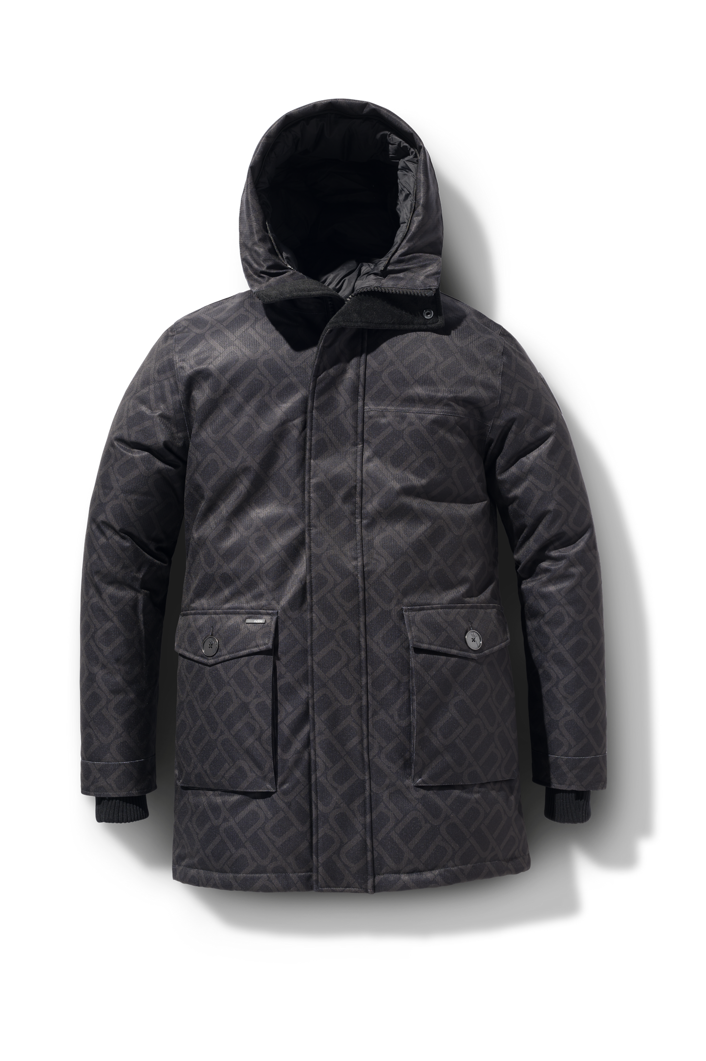 Yves Furless Men's Parka in thigh length, Canadian white duck down insulation, non-removable down-filled hood, flap pockets at waist, centre-front two-way zipper with magnetic wind flap, and elastic ribbed cuffs, in Dark Monogram