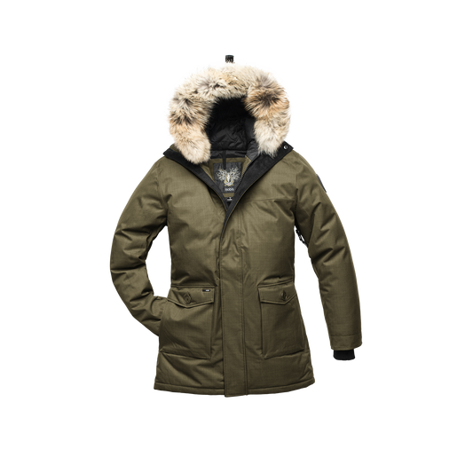 Men's slim fitting waist length parka with removable fur trim on the hood and two waist patch pockets in CH Fatigue + CH Fatigue