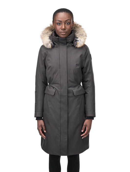 Zenith Ladies Knee Length Parka in knee length, Canadian duck down insulation, removable hood with removable fur ruff trim, and two-way front zipper, in Steel Grey + Steel Grey