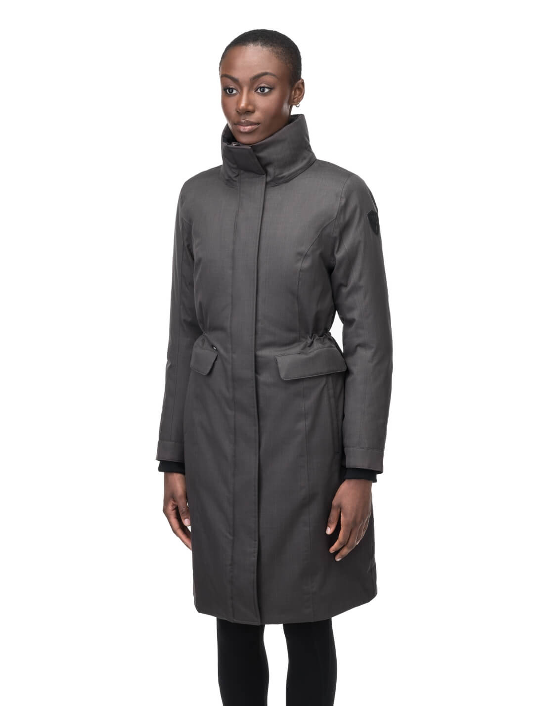 Zenith Ladies Knee Length Parka in knee length, Canadian duck down insulation, removable hood with removable fur ruff trim, and two-way front zipper, in Steel Grey