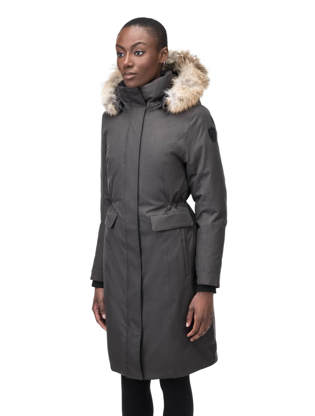 Zenith Ladies Knee Length Parka in knee length, Canadian duck down insulation, removable hood with removable fur ruff trim, and two-way front zipper, in Steel Grey