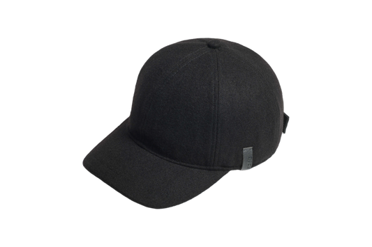 Bronte Unisex Field Cap with low structured crown, curved peak brim, and adjustable webbing strap closure, in Black + H. Black