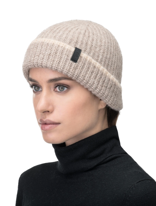 Dres Unisex 6-Dart Toque beanie in superfine alpaca and merino wool, contrast colour knit along cuff, and Nobis embossed leather label at the cuff, in Wheat