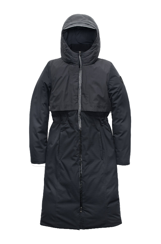 Iris Ladies Long Parka in below the knee length, Canadian duck down insulation, non-removable hood, and two-way zipper, in Black + Black